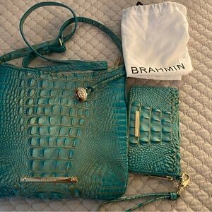 Brahmin Aqua Embossed Leather Shoulder Bag Set